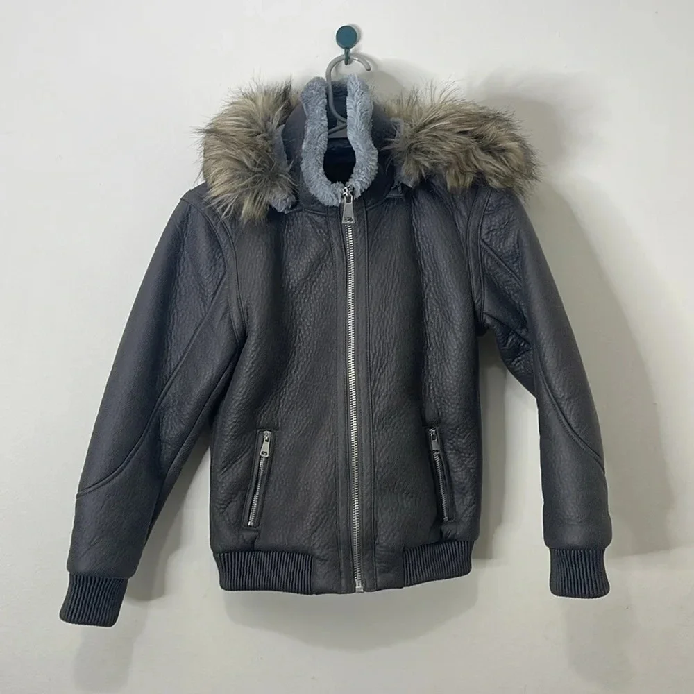 Robert Phillipe Gray Faux Leather Kids Coat Jacket with Fur Hood Size 12‎